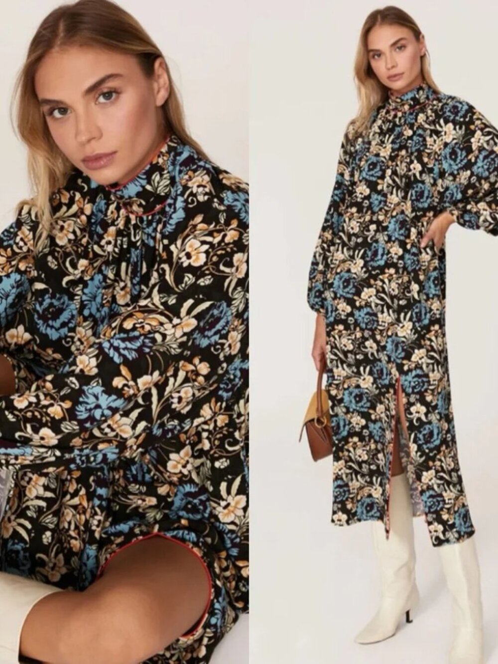 RHODE Fay Dress Fall Floral Crepe Midi Dolman Sleeve Front slit high neck $565 M